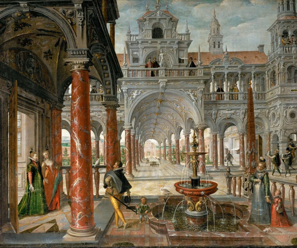 Palace with distinguished visitors, vintage artwork by Hans Vredeman de Vries, A3 (16x12") Poster Print