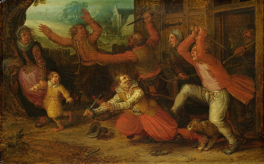 Peasants driving out a rich family from a house, vintage artwork by David Vinckboons, 12x8" (A4) Poster