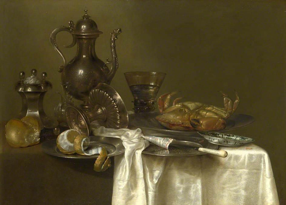 Pewter and Silver Vessels and Crab, vintage artwork by Willem Claesz. Heda, 12x8" (A4) Poster