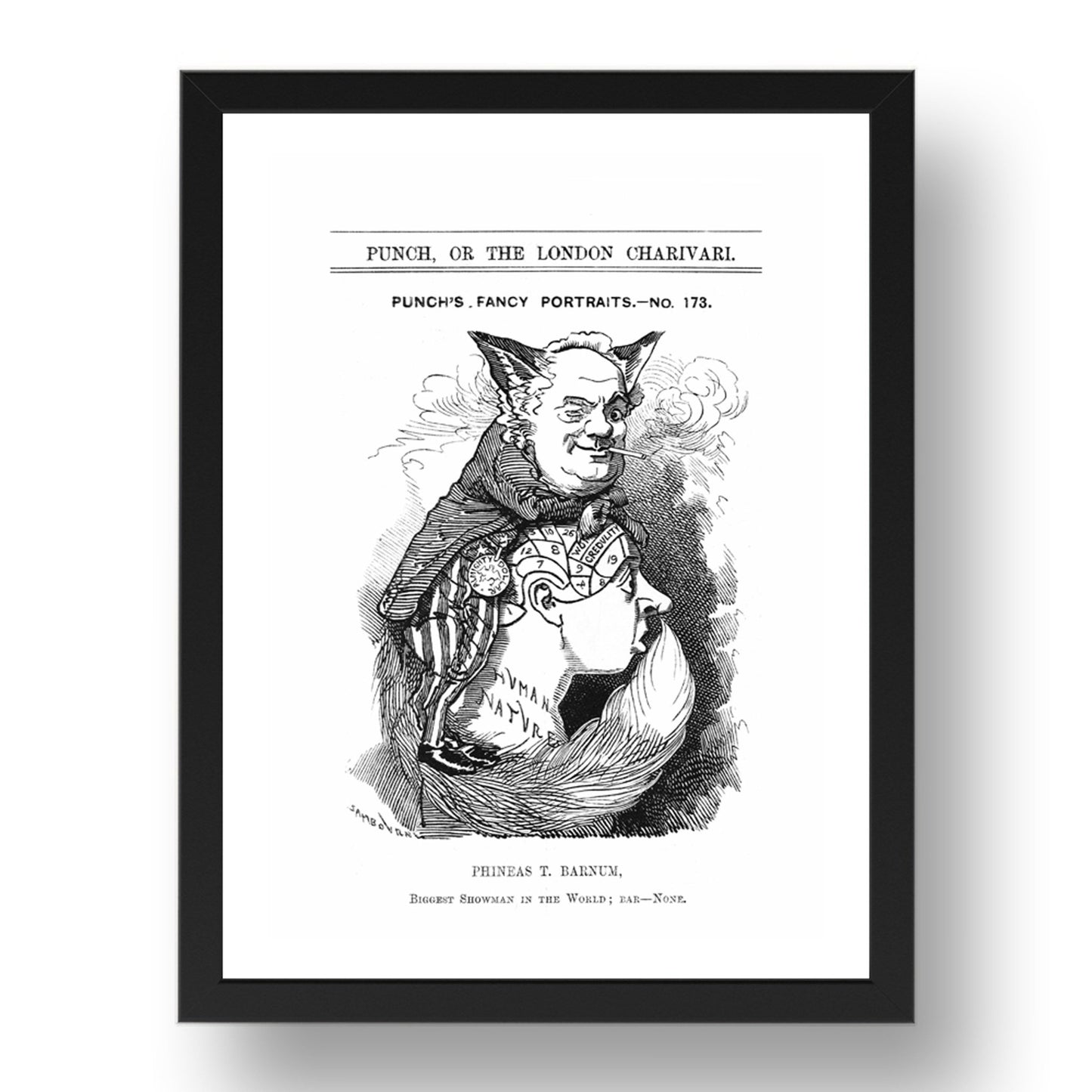 Phineas T Barnum Cartoon 1884, vintage historic poster in 17x13"(A3) Frame