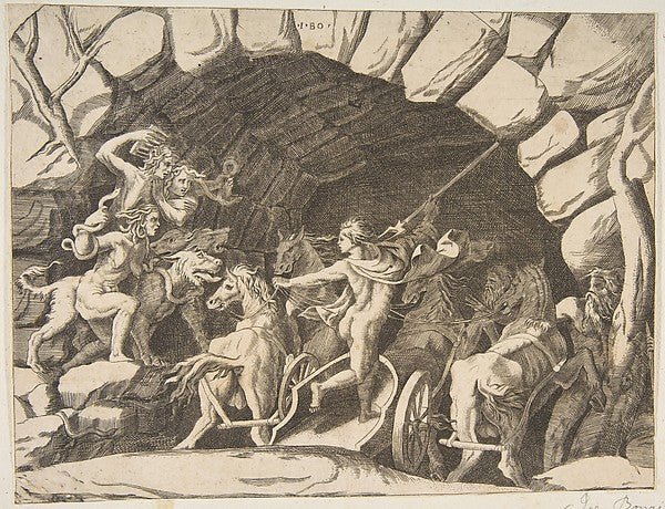 Pluto riding a chariot descending into Hell from the 'Divisio, vintage art, A3 (16x12") Poster Print