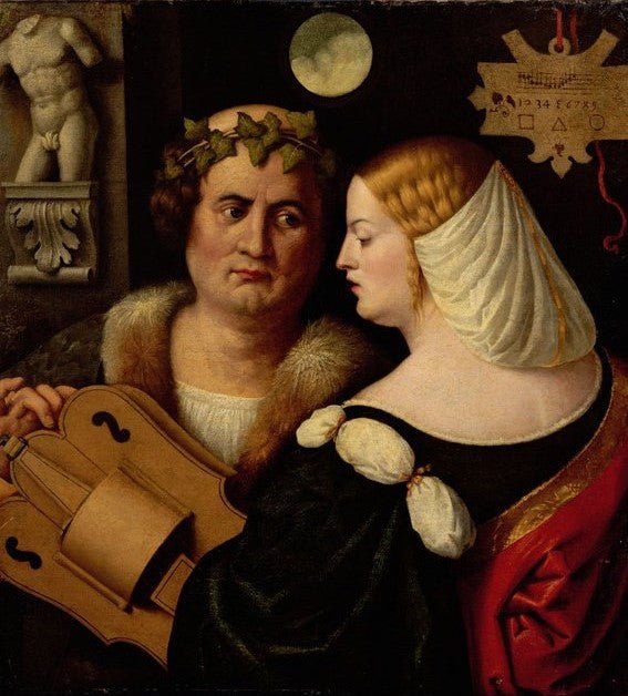 Poet Playing a Hurdy-Gurdy with a Young Woman, vintage artwork by Giovanni Cariani, A3 (16x12") Poster Print