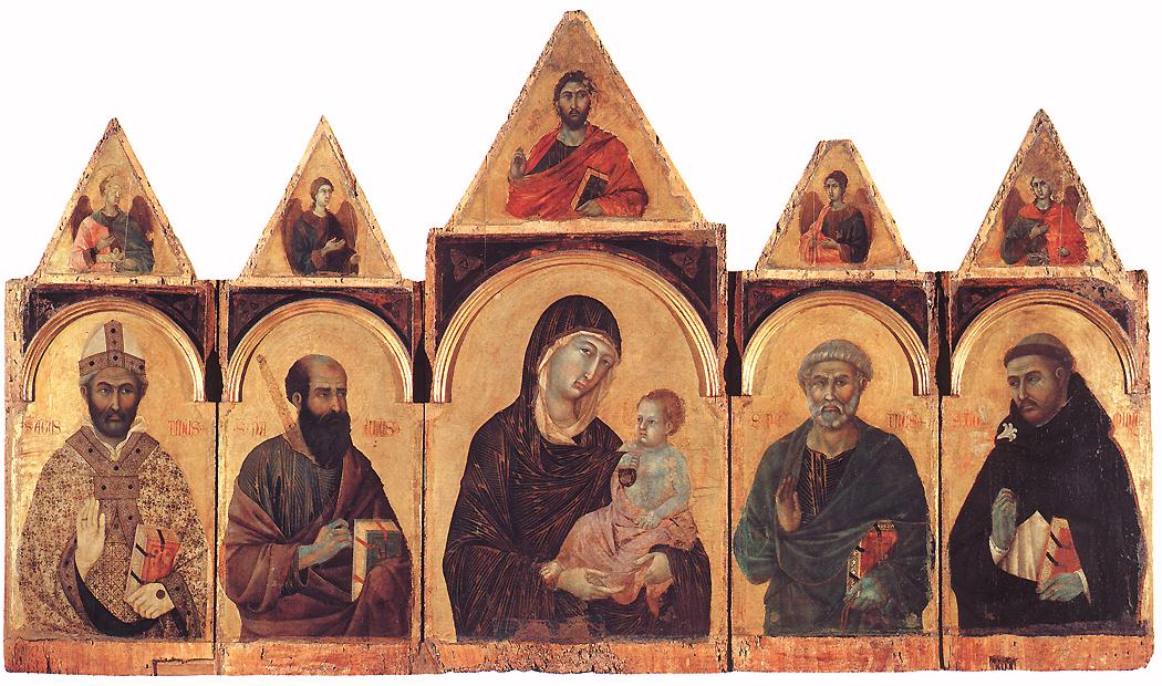 Polytych (Madonna and Child with Four Saints), vintage artwork by Duccio di Buoninsegna, 12x8" (A4) Poster
