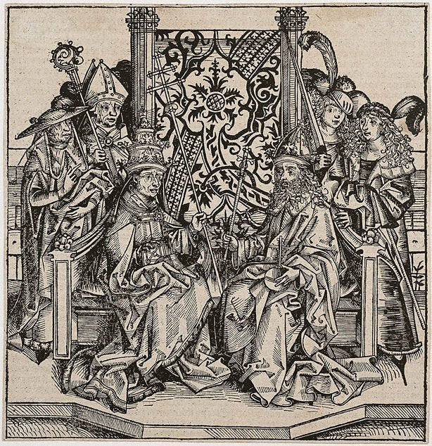 Pope Pius II and the Emperor Frederick III seated on one throne, vintage artwork by Wilhelm Pleydenwurff, A3 (16x12") Poster Print