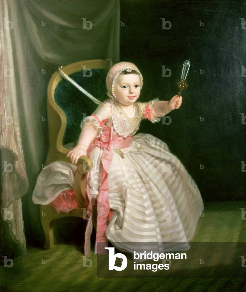 Portrait of a Child Holding a Rattle by Niels Rode, vintage art, modern poster print