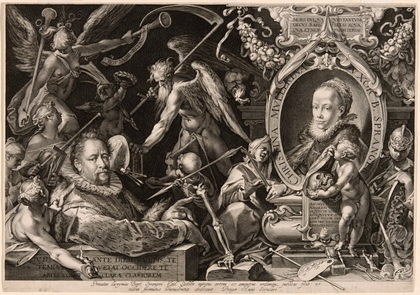 Portrait of Bartolomaeus Spranger with an Allegory of the Death of His Wife, Christina Müller by Aegidius Sadeler, 23x16"( A2 size) Poster Print