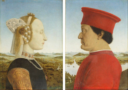 Portraits of Frederico da Montefeltro and Battista Sforza by Piero della Francesca, vintage art, modern poster print