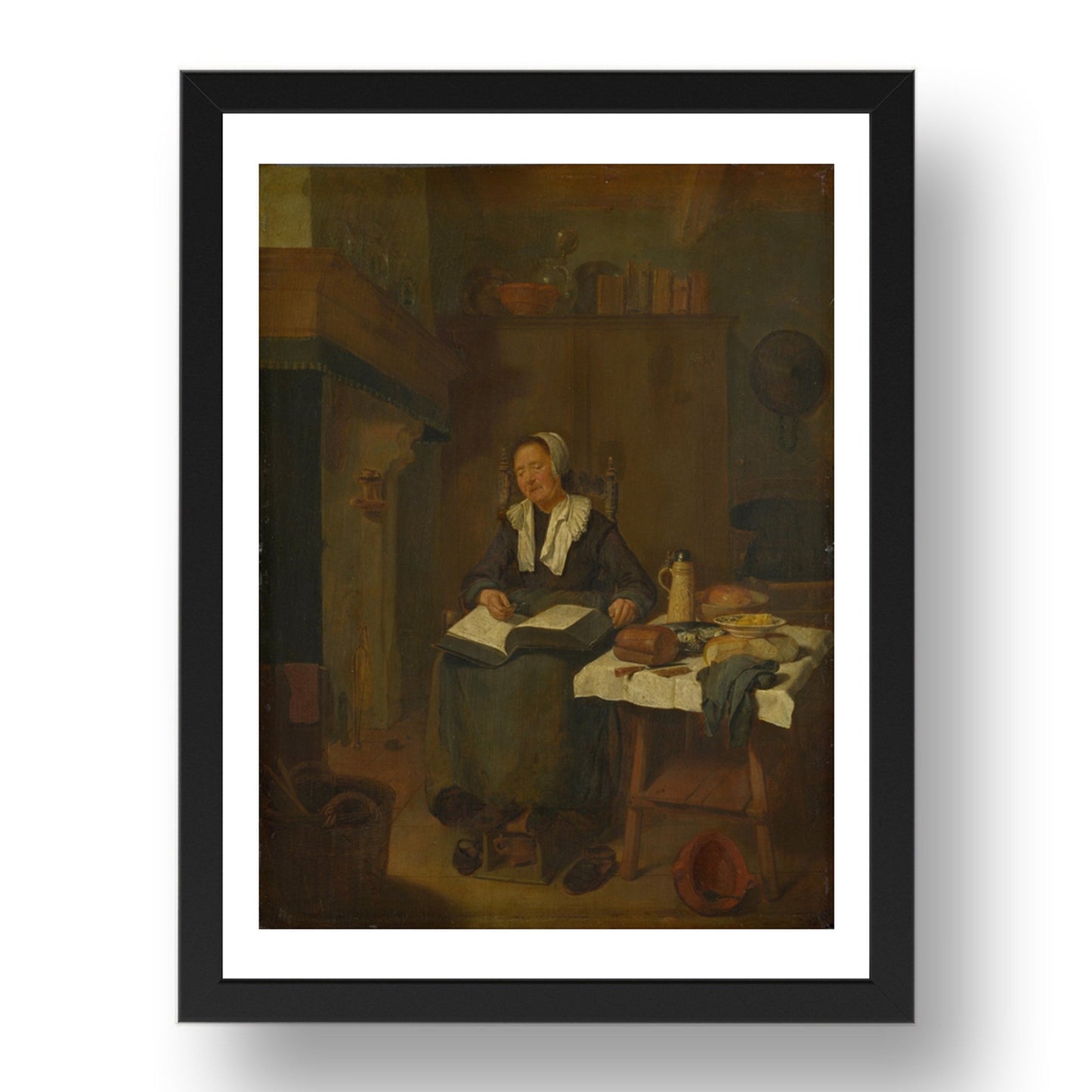 Quiringh van Brekelenkam: A Woman Asleep by a Fire, Poster in 17x13"(A3) Frame