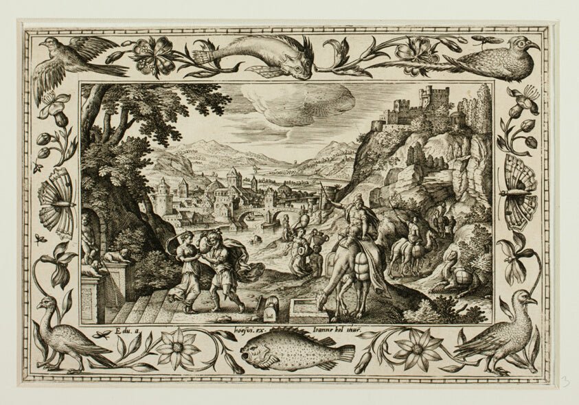 Rebecca and Eliezer at the Well, from Landscapes with Old and New Testament Scenes and Hunting Scenes by Adriaen Collaert (Flemish, c. 1560–1618) , 23x16"( A2 size) Poster Print