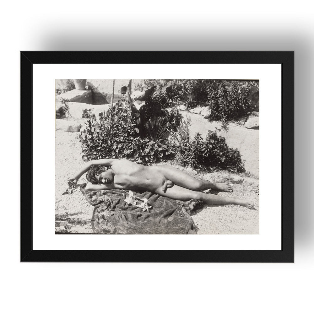 Reclining Male Nude, historic homo-erotic photograph by Wilhelm von Gloeden, 17x13" Frame