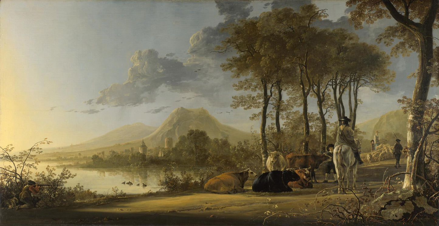 River Landscape with Horsemen and Peasants by Aelbert Cuyp, vintage art, modern poster print