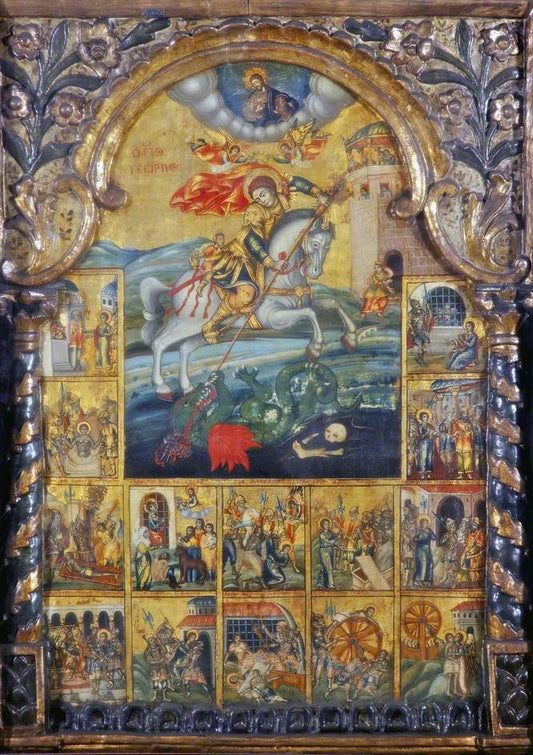 Saint George Slaying the Dragon and 14 Episodes from His Life, vintage artwork by by zantine School Unknown, 12x8" (A4) Poster