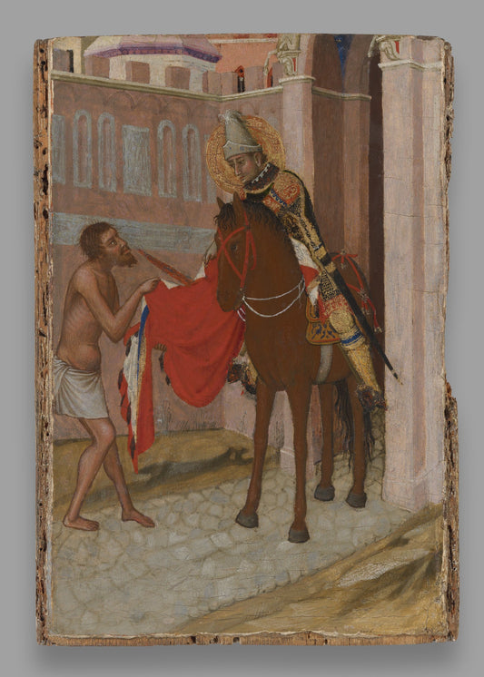 Saint Martin of Tours Dividing His Cloak with a Beggar, vintage artwork by Ambrogio Lorenzetti, 12x8" (A4) Poster