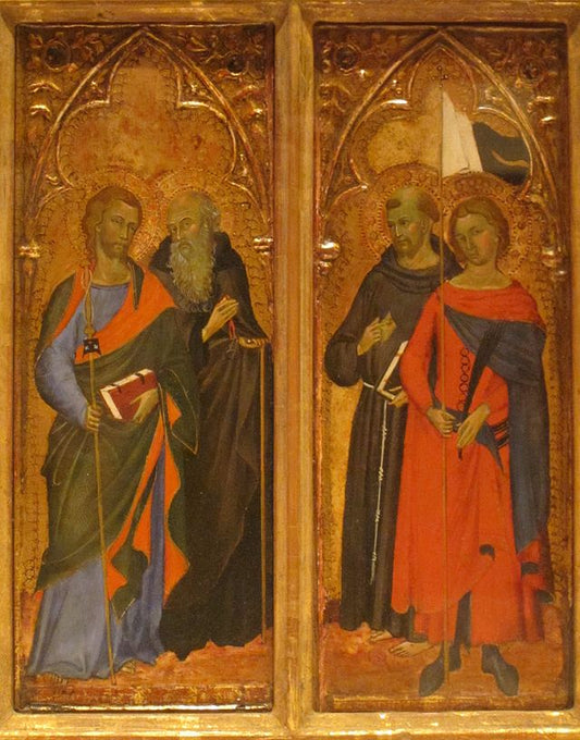 Saints James, Anthony Abbot, Francis and Ansanus, vintage artwork by Attributed to Paolo di Giovanni Fei, 12x8" (A4) Poster