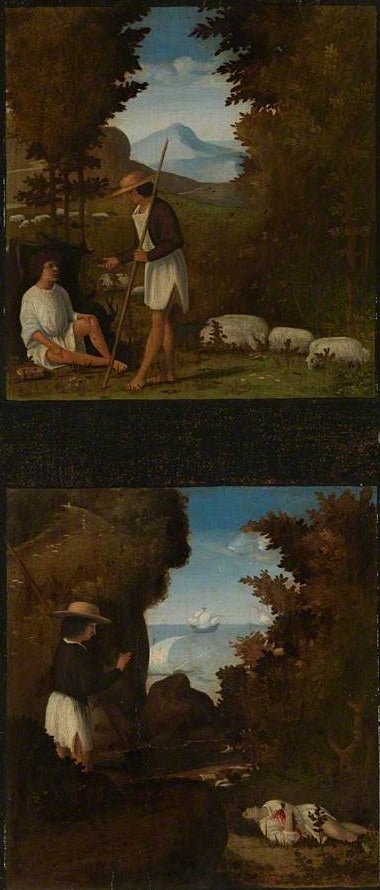 Scenes from Tebaldeo's Eclogues: Thyrsis asks Damon the Cause of his Sorrow / Thyrsis finds the Body, vintage artwork by Andrea Previtali, A3 (16x12") Poster Print