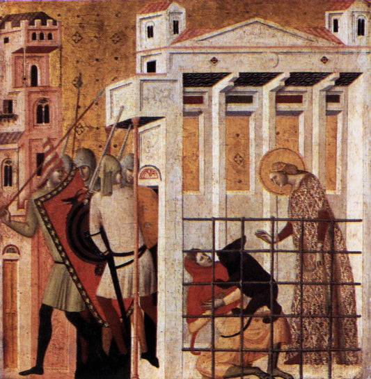 Scenes from the Life of St Colomba: St Colomba Saved by  a Bear, vintage artwork by Giovanni Baronzio, 12x8" (A4) Poster