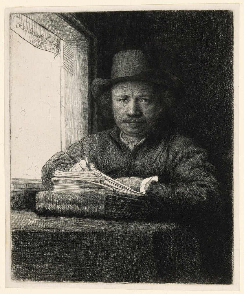 Self-Portrait Etching at a Window by Rembrandt van Rijn, 23x16"( A2 size) Poster Print