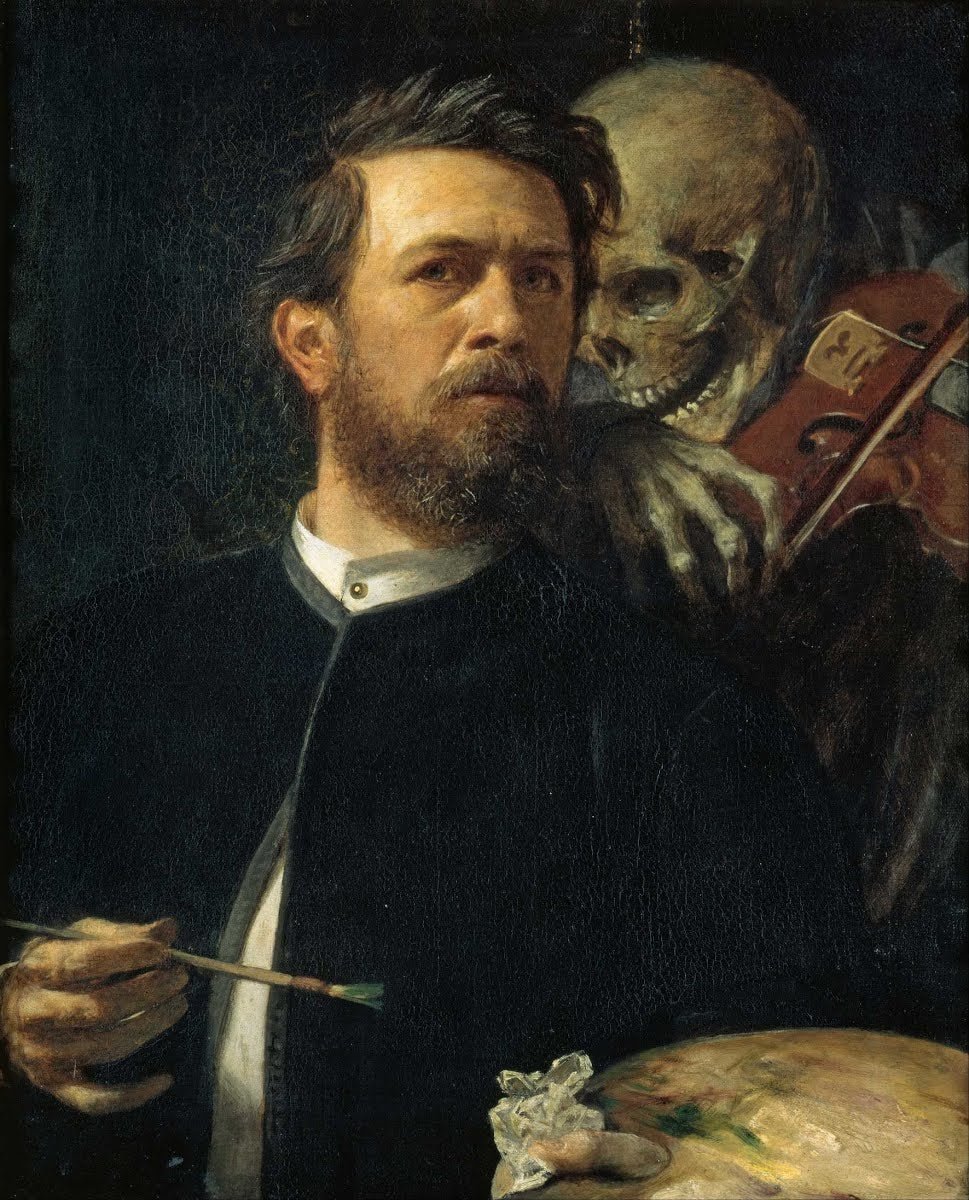 Self Portrait with Death Playing the Fiddle by Arnold Bocklin, vintage art, modern poster print