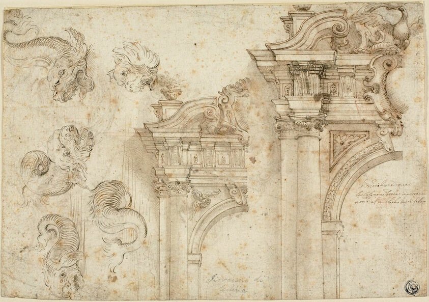 Sheet of Sketches by Sea Monsters and Elaborate Portals (recto); Sketches of Architectural Details (verso) by Attributed to Agostino Mitelli, 23x16"( A2 size) Poster Print