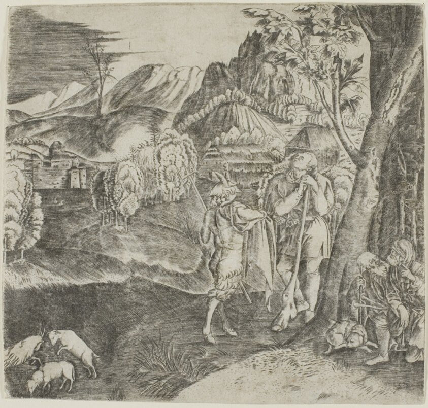 Shepherds and Satyr in a Landscape by Agostino dei Musi, 23x16"( A2 size) Poster Print
