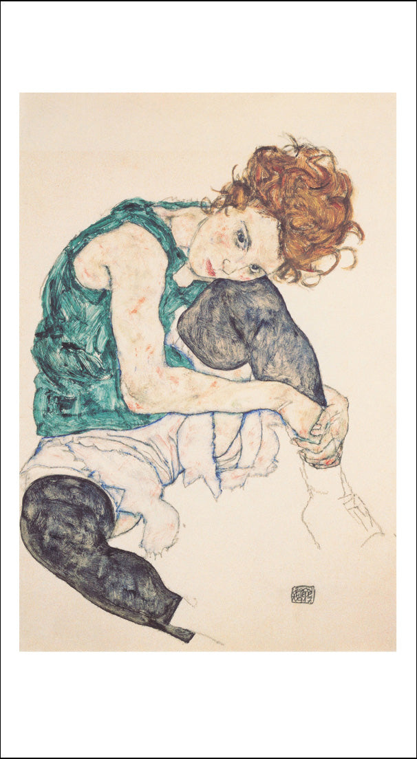 sitting-woman-with-legs-drawn-up Green top red hair-1 by Egon Schiele, 12x8" (A4) Poster Print