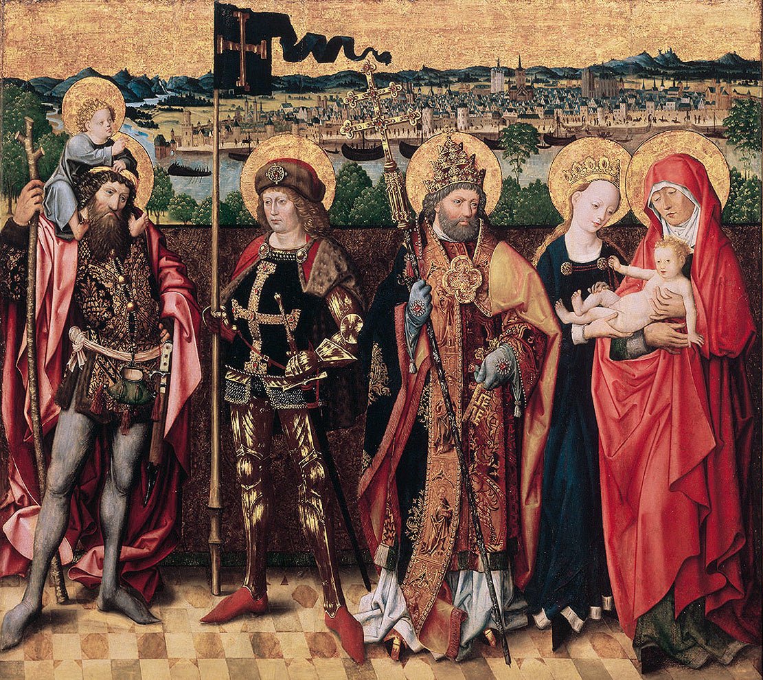 St Anna, the Virgin and the Christ Child with Saints Christopher, Gereon and Peter, vintage artwork by Master of the Glorification of the Virgin, A3 (16x12") Poster Print