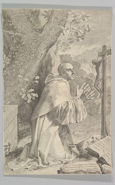 St. Bernard Kneeling Before a Crucifix c1655-Claude Mellan , vintage art, A3 (16x12") Poster Print