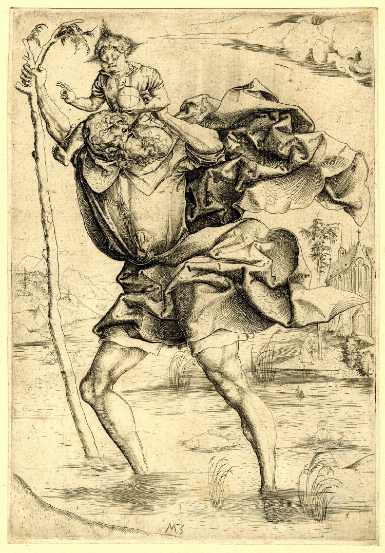 St Christopher; the giant carrying the Child, vintage artwork by Master of the Housebook, A3 (16x12") Poster Print