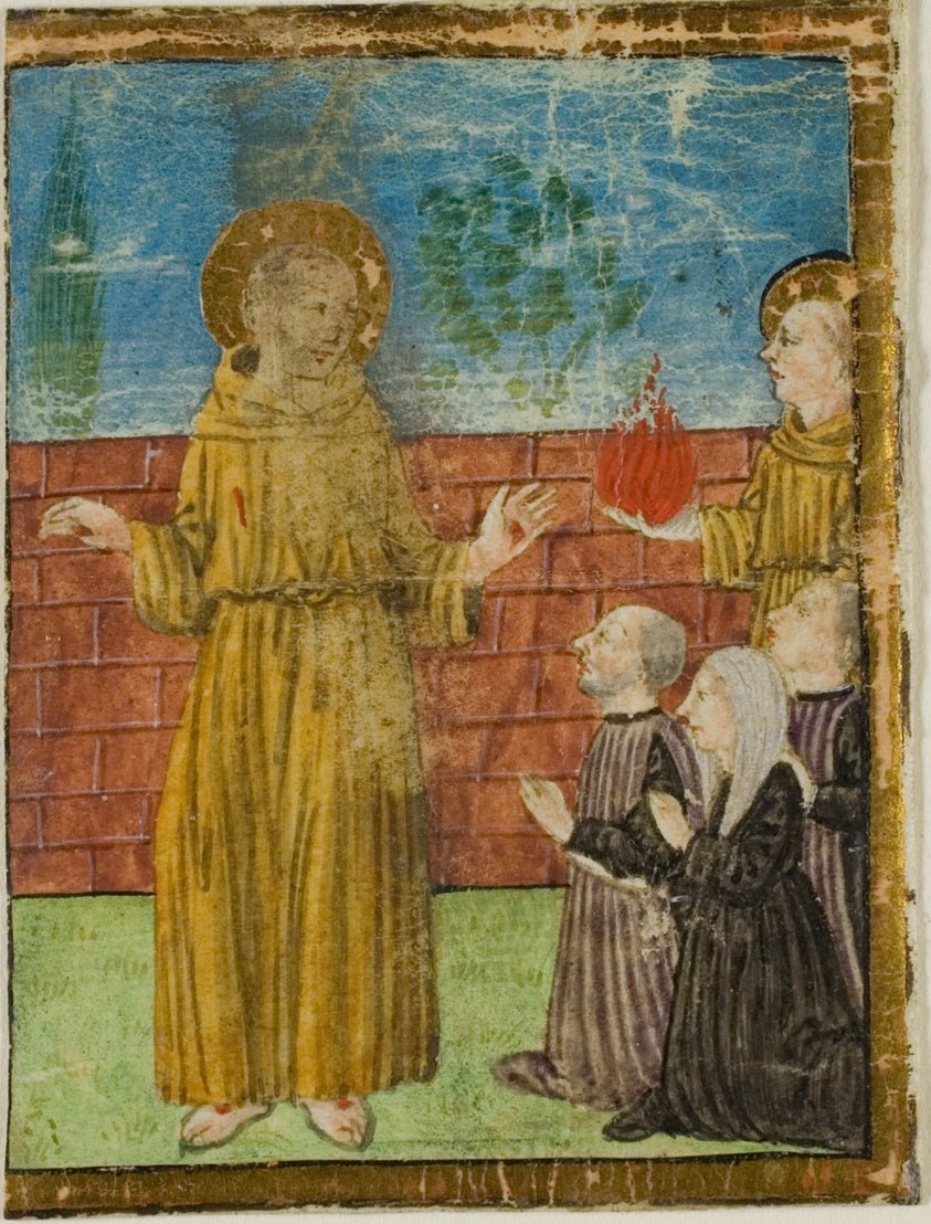 St. Francis of Assisi with Donors in a Historiated Initial from an Unidentified Manuscript by Italian (Florence),23x16"( A2 size ) Poster Print