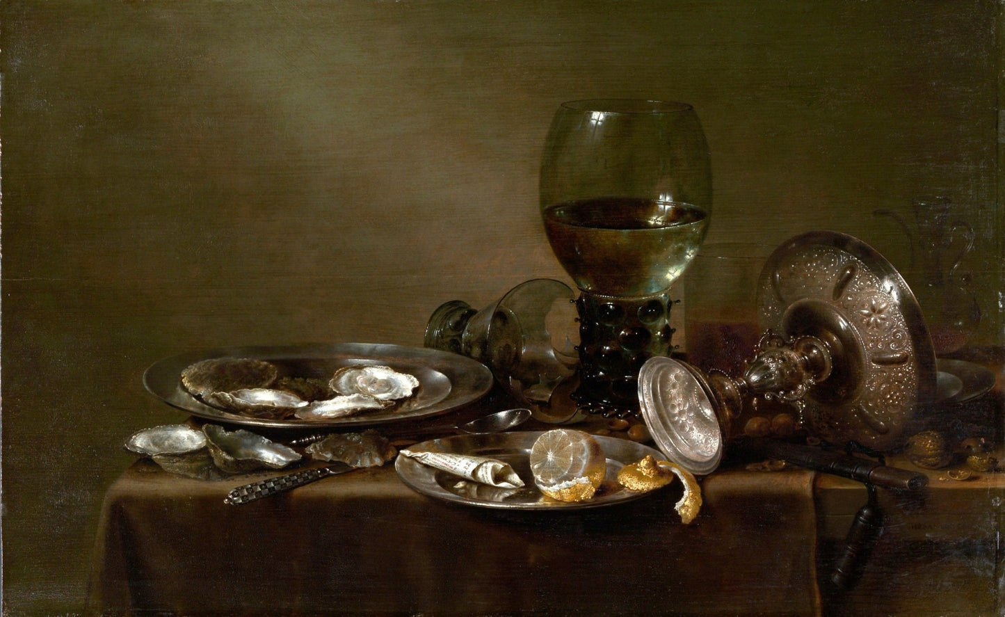 Still Life with Oysters, a Silver Tazza, and Glassware, vintage artwork by Willem Claesz. Heda, 12x8" (A4) Poster