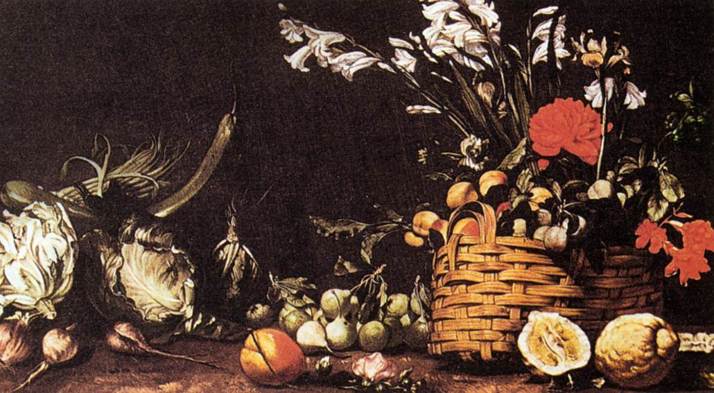 Still-Life with Vegetable, Fruit, and Flowers, vintage artwork by Tomaso Salini, 12x8" (A4) Poster