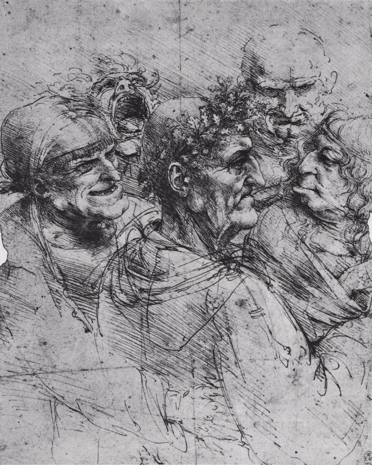 Study Of Five Grotesque Heads, vintage artwork by Leonardo da Vinci, A3 (16x12") Poster Print
