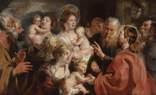 Suffer the Little Children to Come Unto Me, vintage artwork by Jacob Jordaens, 12x8" (A4) Poster