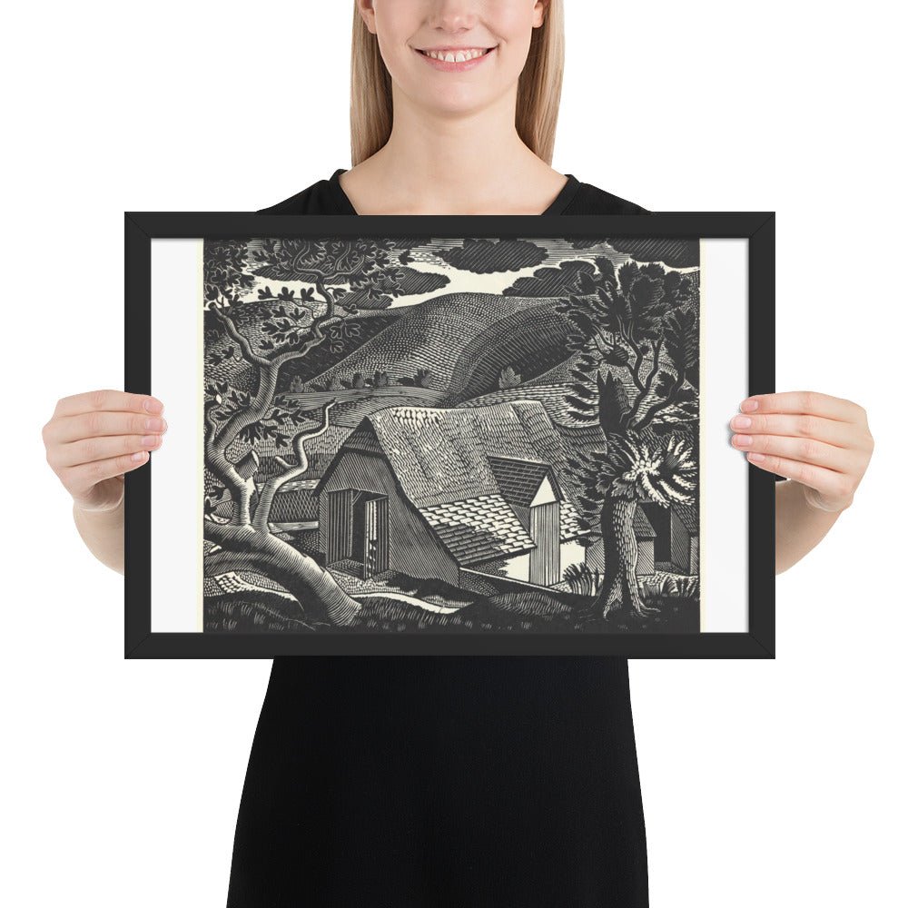 Sussex Landscape by Eric Ravilious, vintage woodcut, Framed poster reproduction