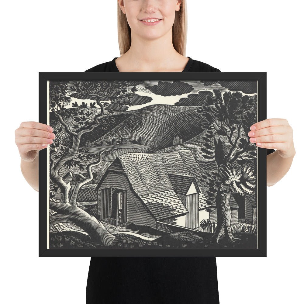 Sussex Landscape by Eric Ravilious, vintage woodcut, Framed poster reproduction