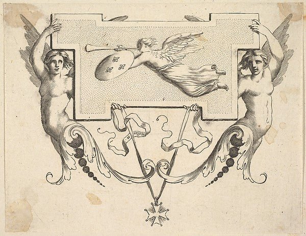 Tail-piece: Two Winged Women Hold a Cartel Decorated by Fame-C, vintage art, A3 (16x12") Poster Print