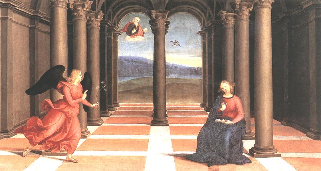 The Annunciation (Oddi altar, predella), vintage artwork by Raphael, A3 (16x12") Poster Print