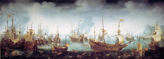 The Battle of Gibraltar, 25 April 1607, vintage artwork by Cornelis van Wieringen, 12x8" (A4) Poster