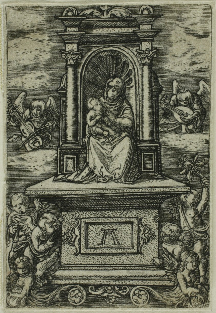 The Beautiful Virgin of Regensburg' with the Child on a Throne, Surrounded by Angels with Musical Instruments by Albrecht Altdorfer,23x16"( A2 size ) Poster Print