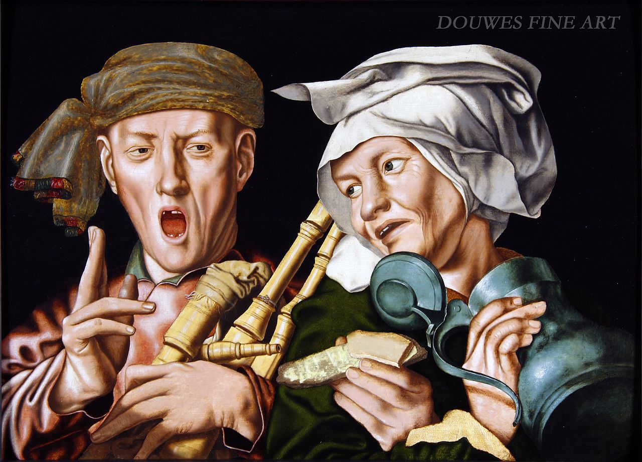 The boisterous bagpipe player and the artful woman, vintage artwork by Jan Sanders van Hemessen, A3 (16x12") Poster Print