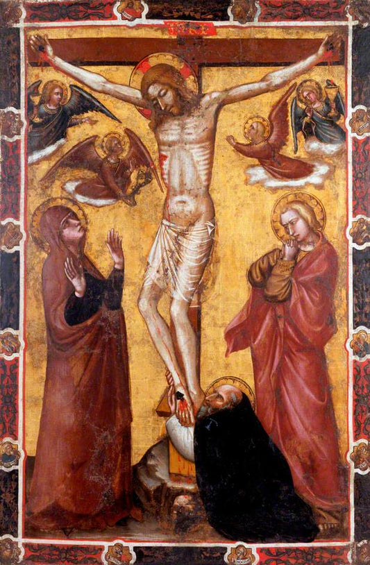 The Crucifixion with the Virgin and Saint John with Saint Anthony Abbot at the Foot of the Cross, vintage artwork by Follower of Spinello Aretino, 12x8" (A4) Poster