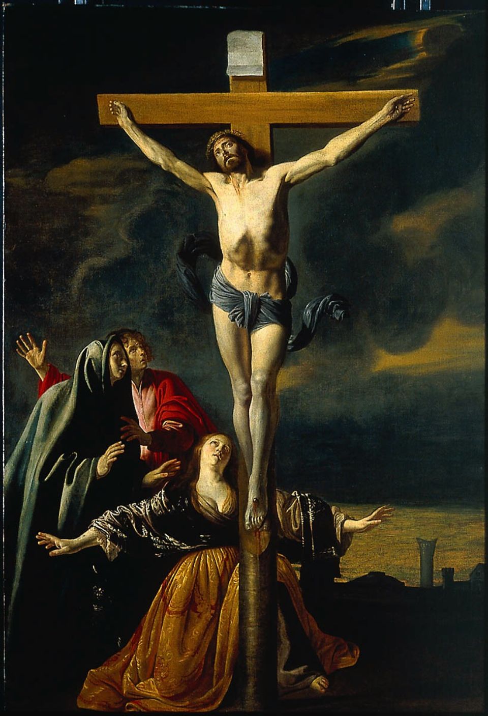 The Crucifixion with the Virgin, Saint John and Mary Magdalene, vintage artwork by Louis Le Nain, 12x8" (A4) Poster