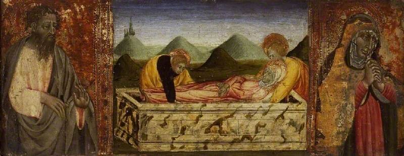 The Entombment of the Virgin, Saint Bartholomew and a Female Saint, vintage artwork by Giovanni di Paolo, 12x8" (A4) Poster