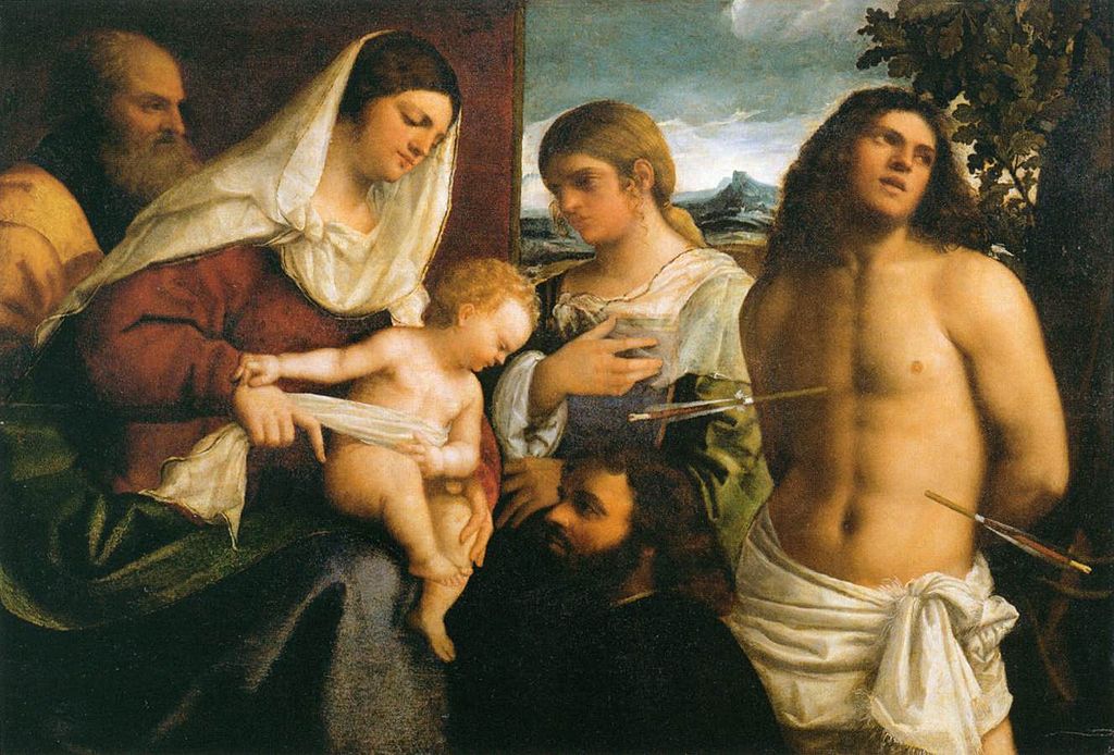 The Holy Family with Saint Catherine, Saint Sebastian and a Donor, vintage artwork by Sebastiano del Piombo, A3 (16x12") Poster Print
