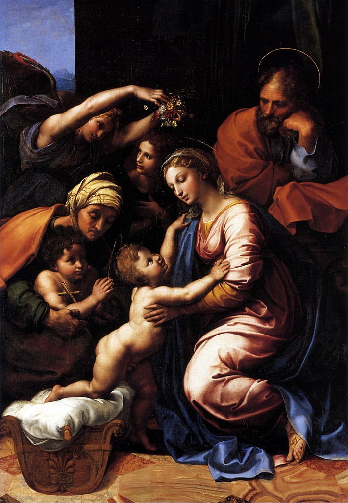 The Holy Family with Saint Elizabeth, the Young John the Baptist and Two Angels, vintage artwork by Raphael, A3 (16x12") Poster Print