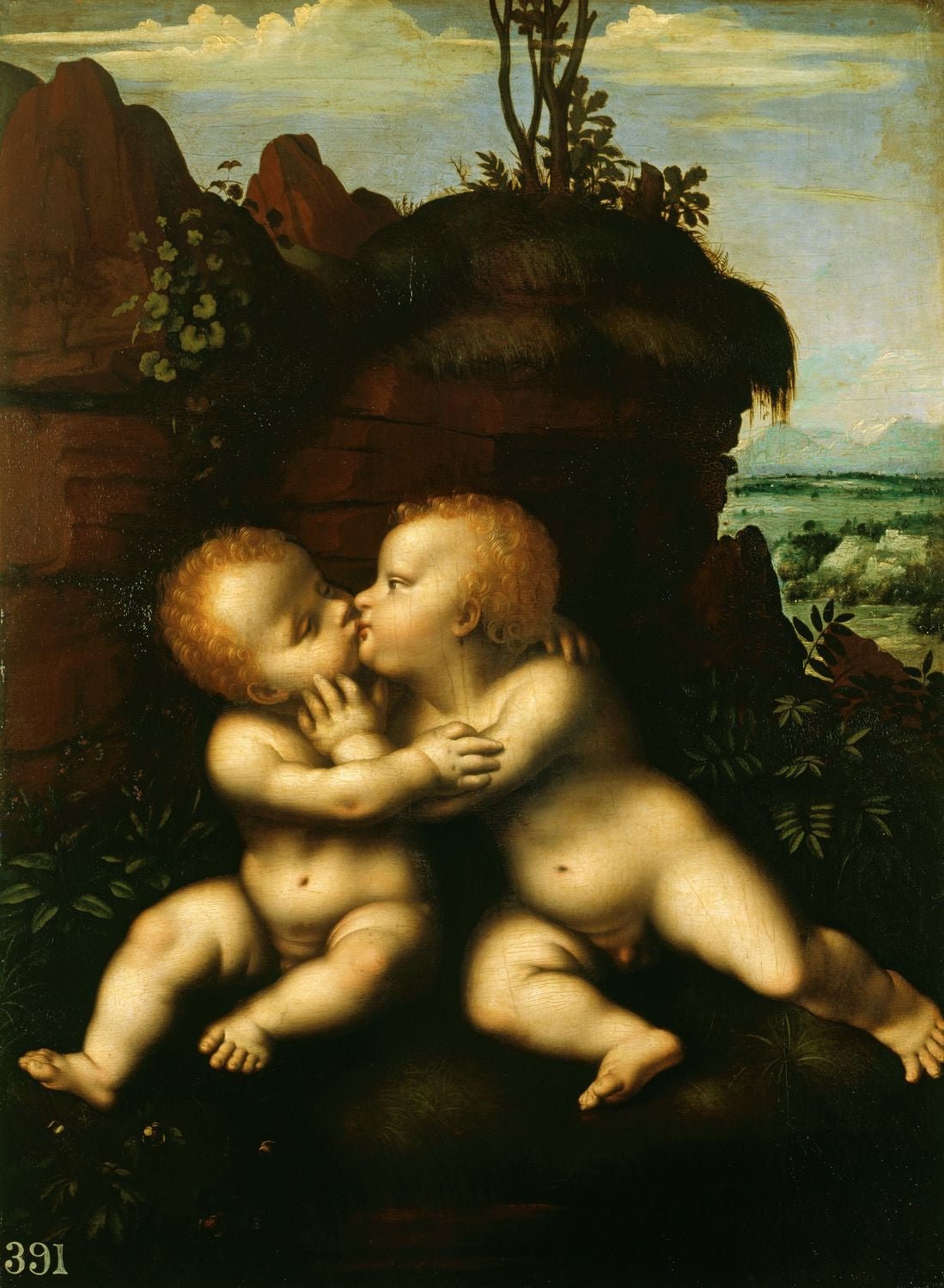 The Infant Christ and Saint John Embracing, vintage artwork by Marco d' Oggiono, A3 (16x12") Poster Print