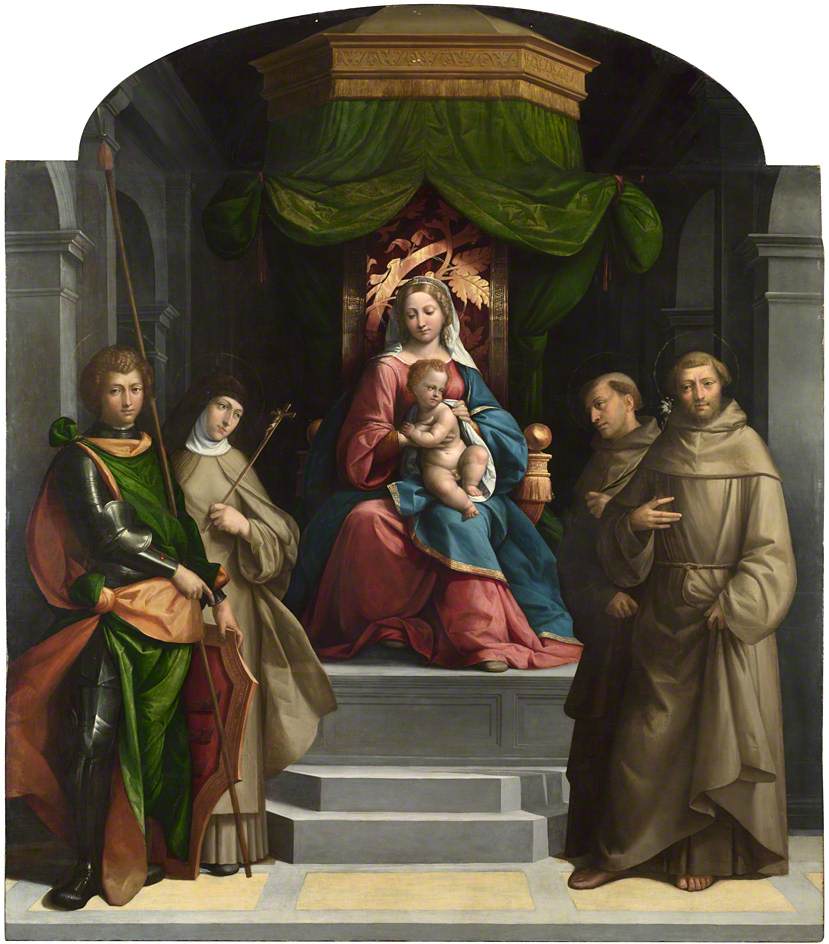The Madonna and Child with Saints William of Aquitaine, Clare, Anthony of Padua and Francis, vintage artwork by Il Garofalo, A3 (16x12") Poster Print