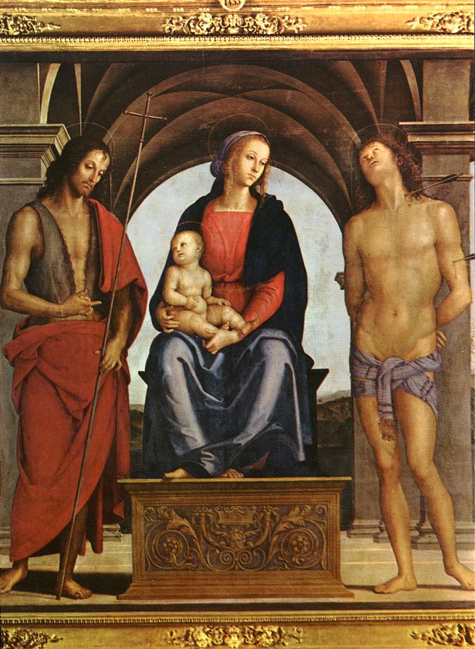 The Madonna between St. John the Baptist and St. Sebastian, vintage artwork by Perugino, A3 (16x12") Poster Print