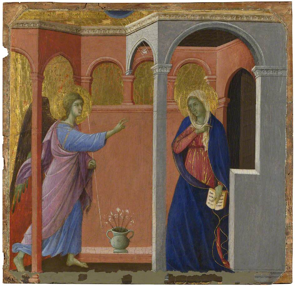 The 'Maestà' Predella Panels: Annunciation, vintage artwork by Duccio di Buoninsegna, 12x8" (A4) Poster