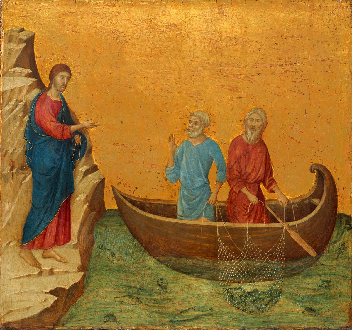 The 'Maestà' Predella Panels: The Calling of the Apostles Simon Peter and Andrew, vintage artwork by Duccio di Buoninsegna, 12x8" (A4) Poster